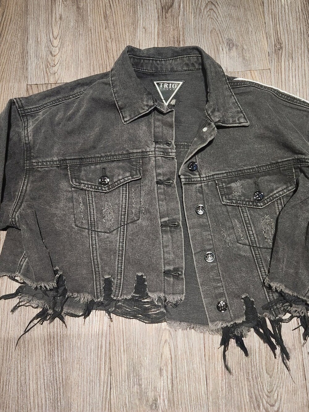 TRIO Washed Black Distressed Cropped Denim Jacket